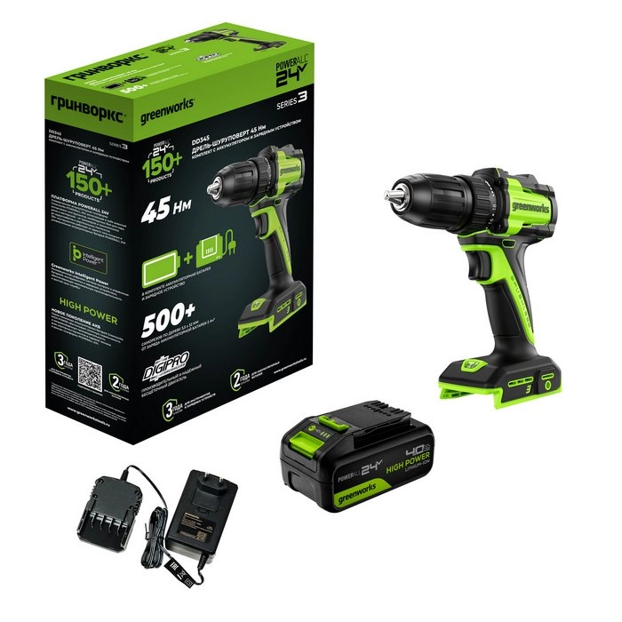 Дрель аккумуляторная бесщёточная GreenWorks DD345 24В 4Ач 45Нм 13мм 1 аккумулятор+зарядное устройство-image-1