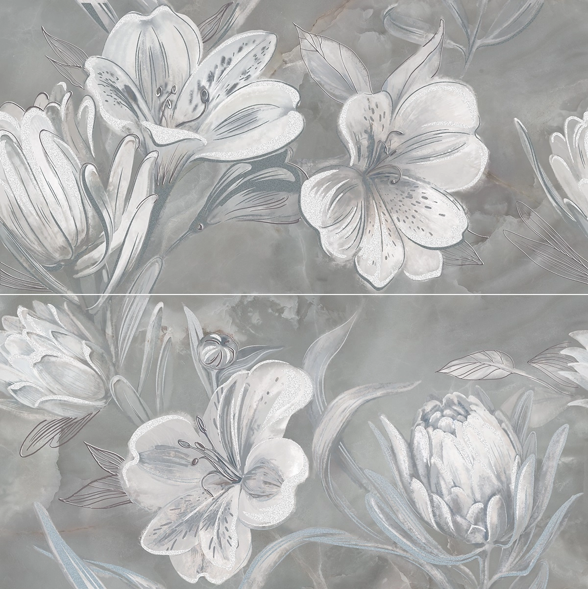 Панно Опал Цветы серый/Opale Grey Flower 63*63 (из 2шт)