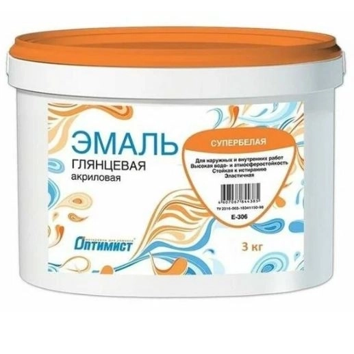 Эмаль акрил.Оптимист E306 гл.супербелая д/нар/вн работ 0,9кг