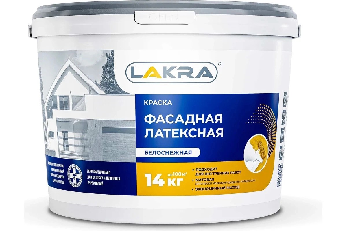 Краска в/д Лакра лат фасадная бел 14кг