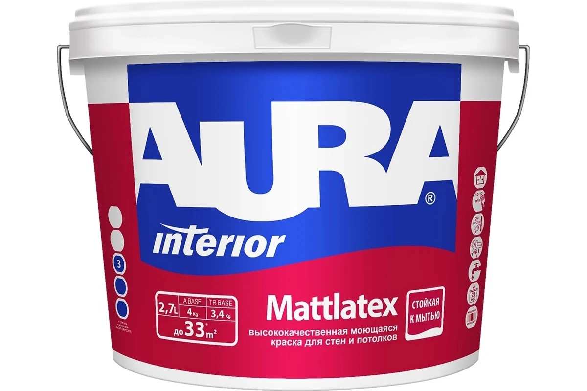 Краска AURA MATTLATEX д/стен и потолков моющаяся 2,7л
